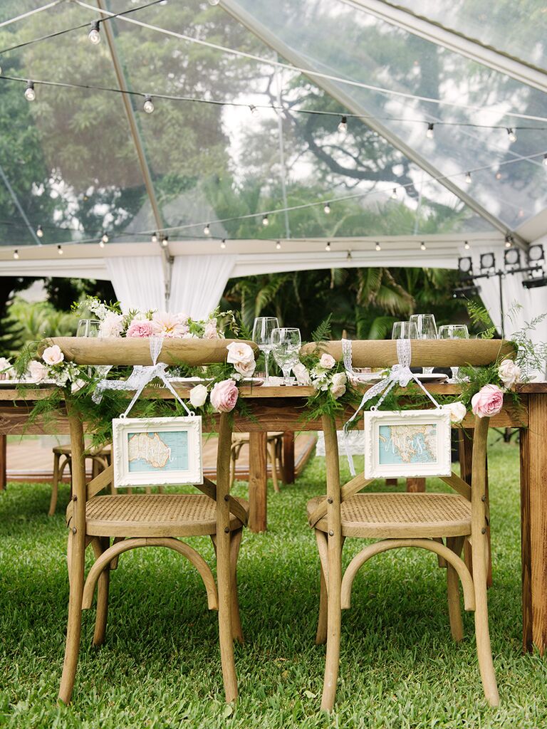 Sweetheart chair decor with framed maps for a destination wedding idea