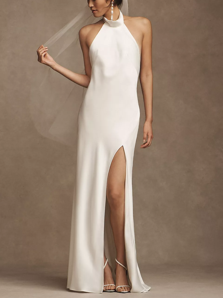 High Neck Backless Maxi Bridesmaid Dress With Slim Belt In