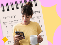 Collage of woman looking at phone calendar in front of large calendar design