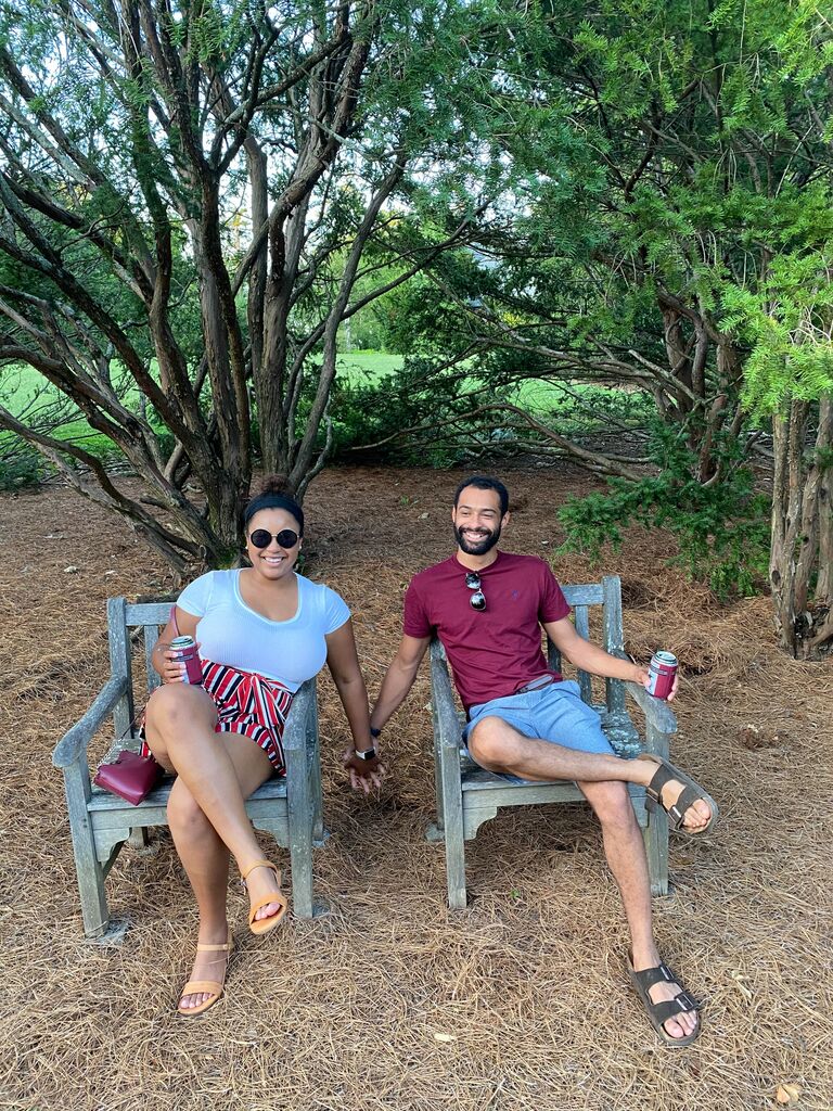 Gabe & Jasmine started dating! Due to COVID, their first date was inside, making a Hello Fresh meal with a glass of Meiomi wine. Jasmine quickly learned that Gabe couldn't cook rice unless he had a rice cooker. This picture is from the couple's first  date outside the house at Yew Dell Botanical Gardens. 
