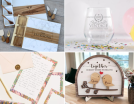 Four 51st anniversary gift ideas including custom marble charcuterie board, custom wine glass, wood sign, and stationery set