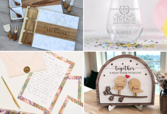 Four 51st anniversary gift ideas including custom marble charcuterie board, custom wine glass, wood sign, and stationery set