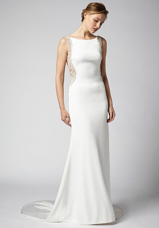 beaded illusion and crepe sheath wedding dress