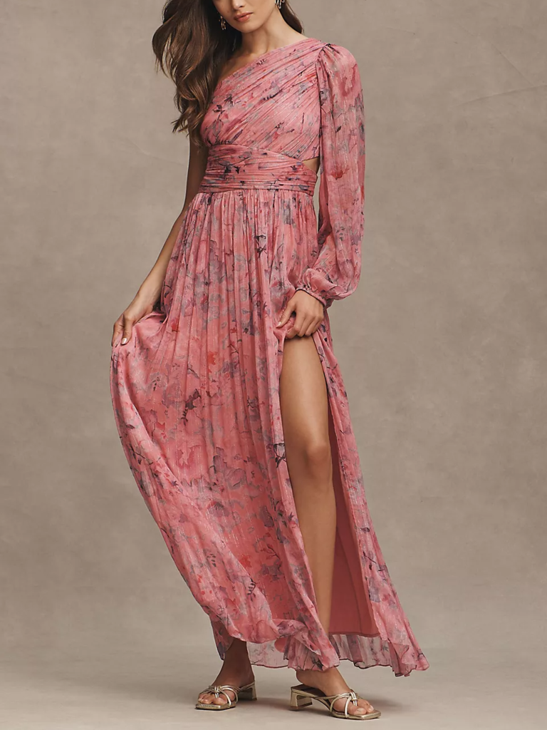 BHLDN one shoulder pink formal wedding guest maxi dress