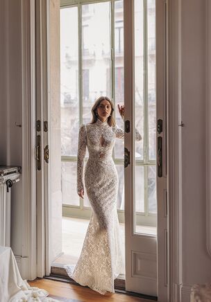 Stone - guipure lace cut out dress with turtleneck long sleeves top featuring an open back and sophisticated waistline pearl embroidery.