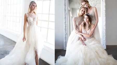Unique Geometric Lace Overlay Nude Pink Bridal Gown - BETANCY