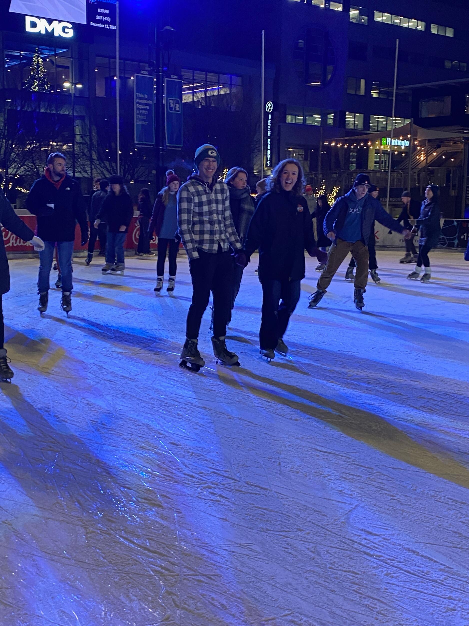 Clara invited Kyle to join her bible study for ice staking at Fountain Square in downtown Cincinnati. They used it as an excuse to hold hands for the first time! 👀