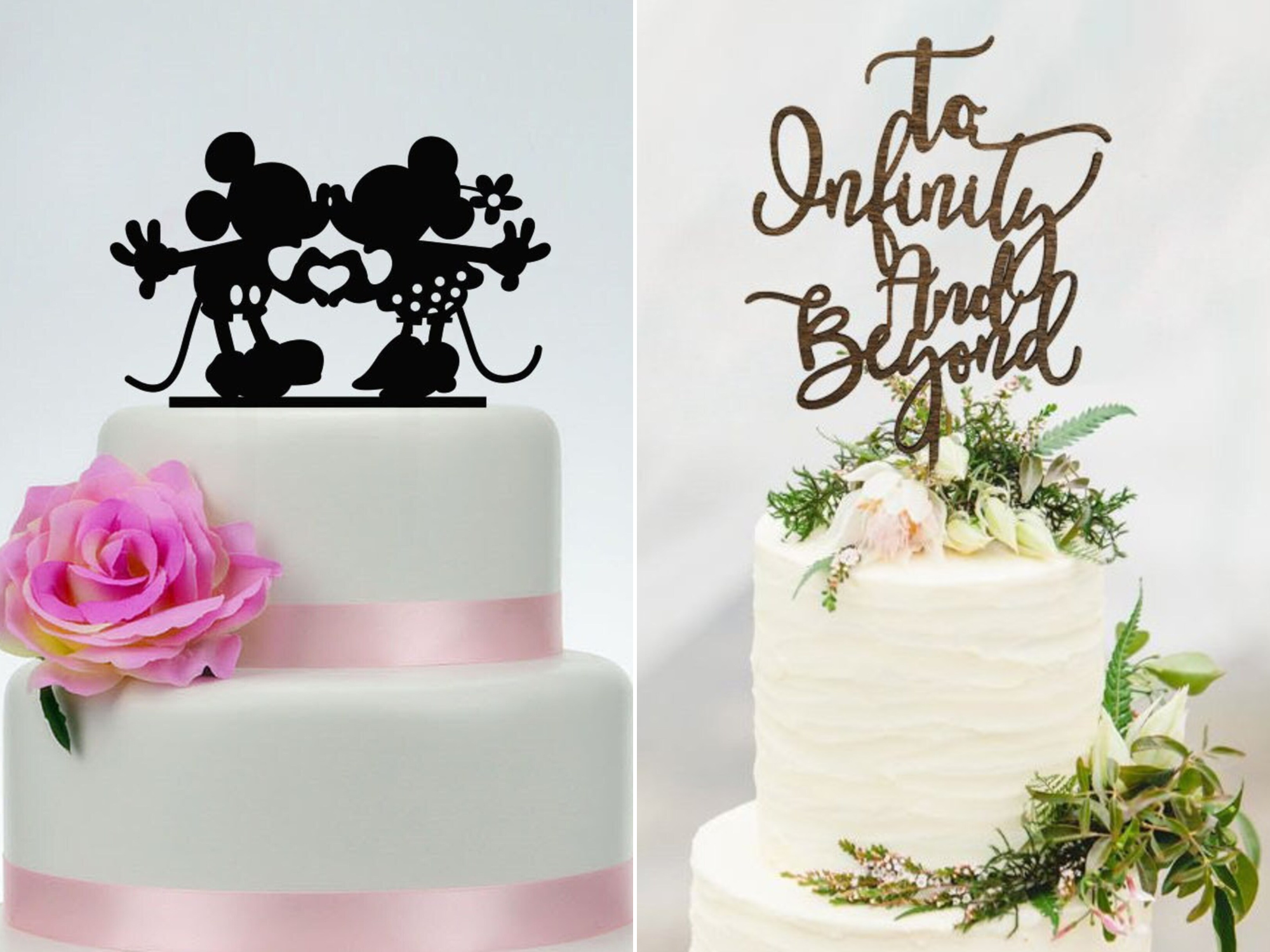 Collage of black acrylic mickey and minnie kissing and 'to infinity and beyond' script disney wedding cake toppers 