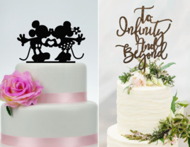 Collage of black acrylic mickey and minnie kissing and 'to infinity and beyond' script disney wedding cake toppers 