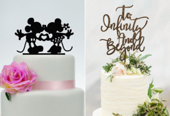 Collage of black acrylic mickey and minnie kissing and 'to infinity and beyond' script disney wedding cake toppers 