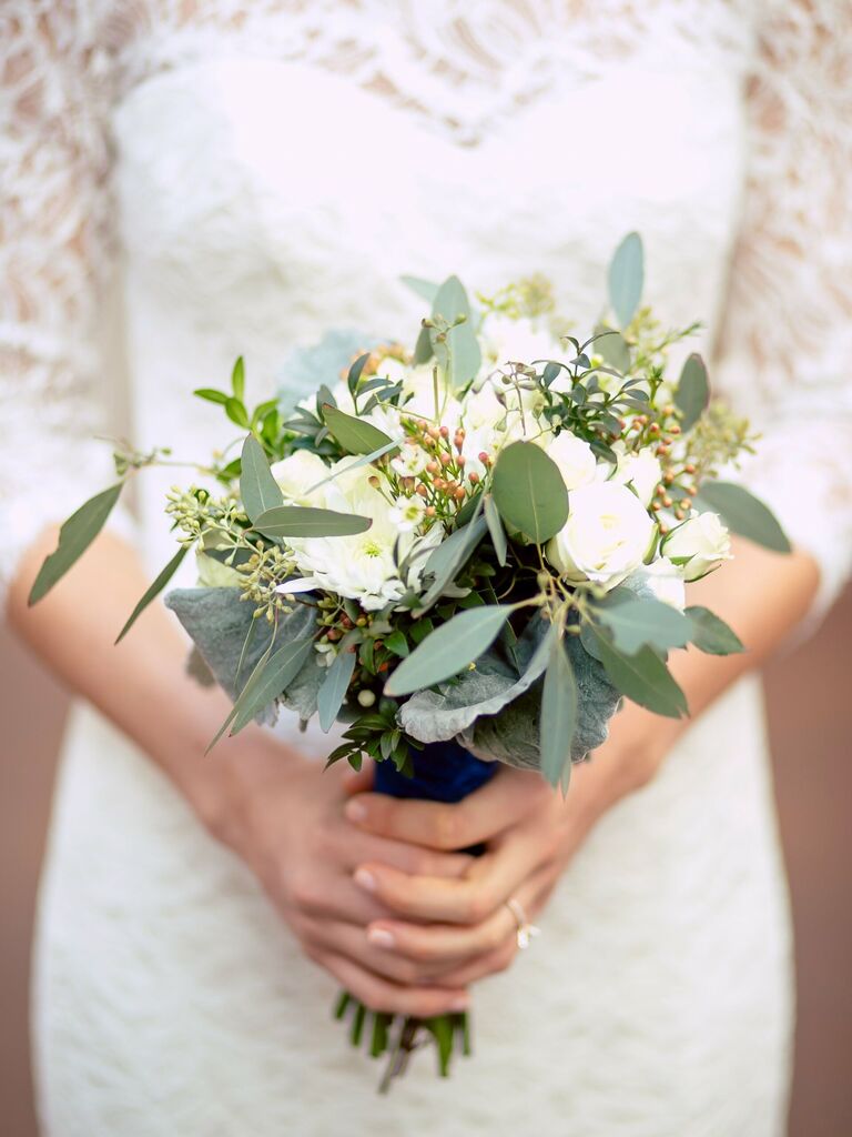 The greenery in this wedding bouquet takes center stage.