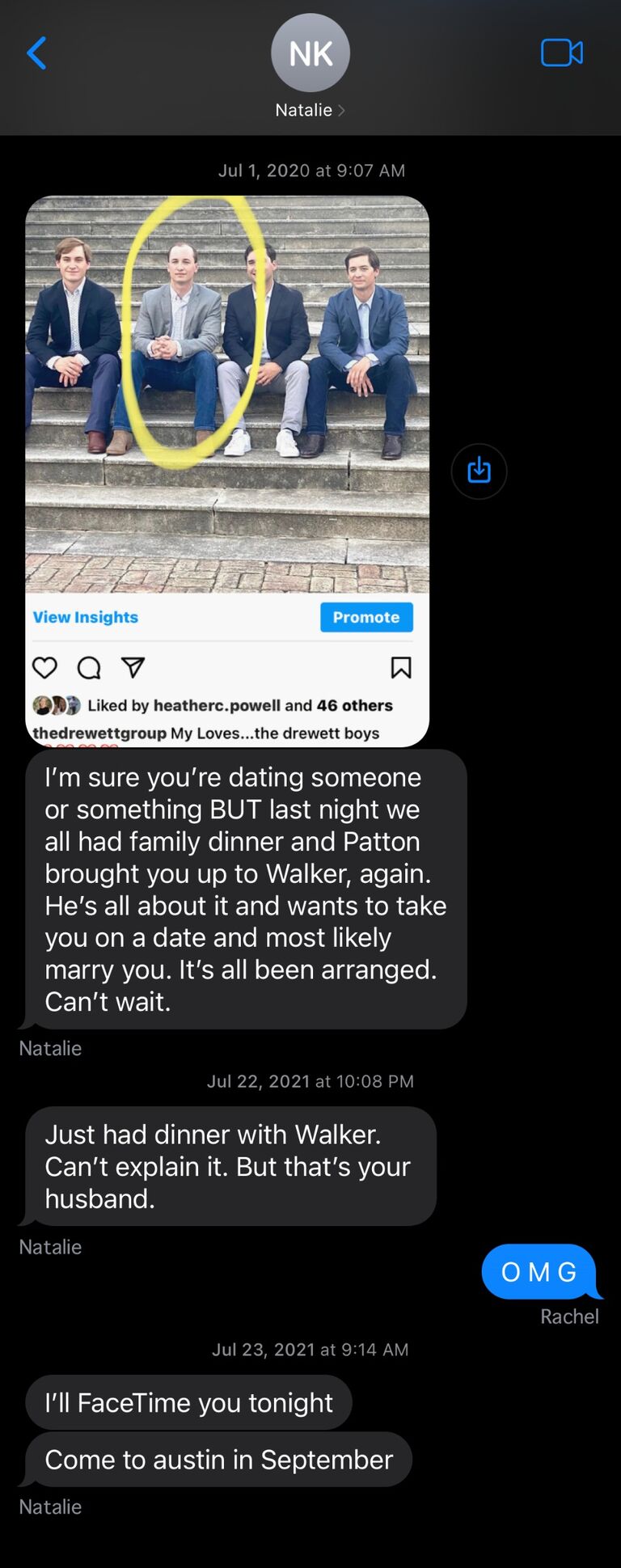 A text message from Natalie to Rachel after family dinner.