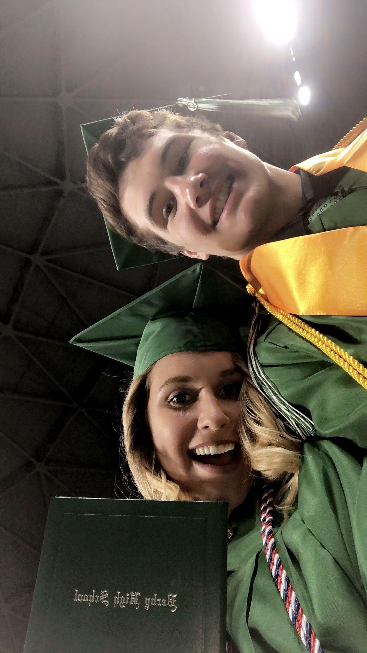 Graduation day, I walked with my childhood best friend and bridesmaid Marah and right behind us was Triston who walked with one of his first friends at Derby and groomsmand Crew!