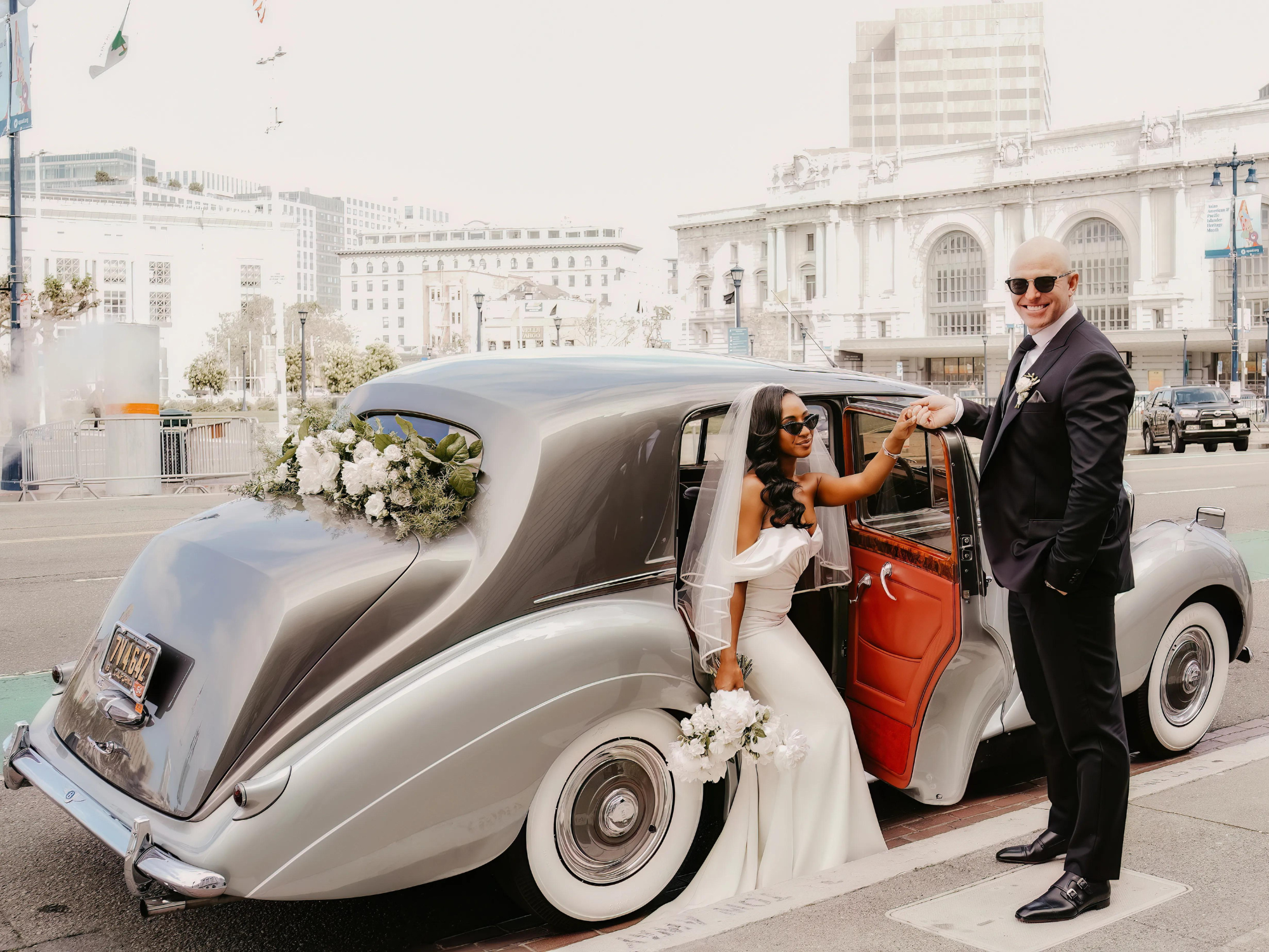 Bride and groom using Rolling Memory wedding transportation in San Jose, California