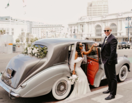 Bride and groom using Rolling Memory wedding transportation in San Jose, California