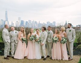 Wedding party wears summery tan suits. 