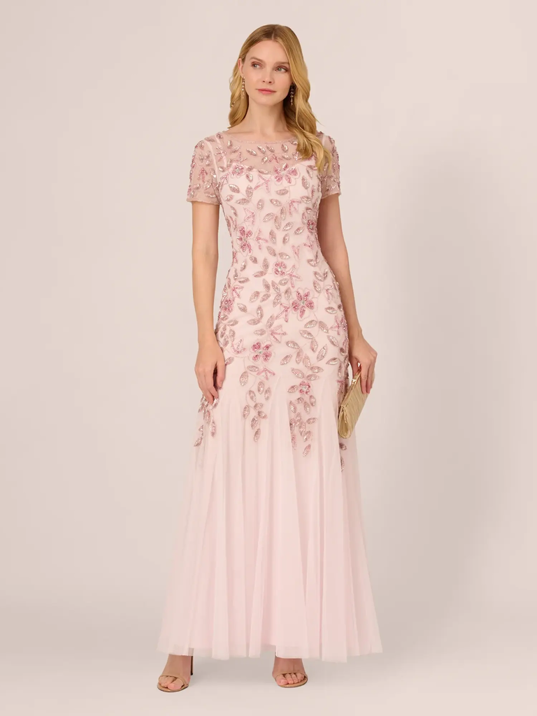 Pink beaded short sleeve floral grandmother of the bride dress from Adrianna Papell