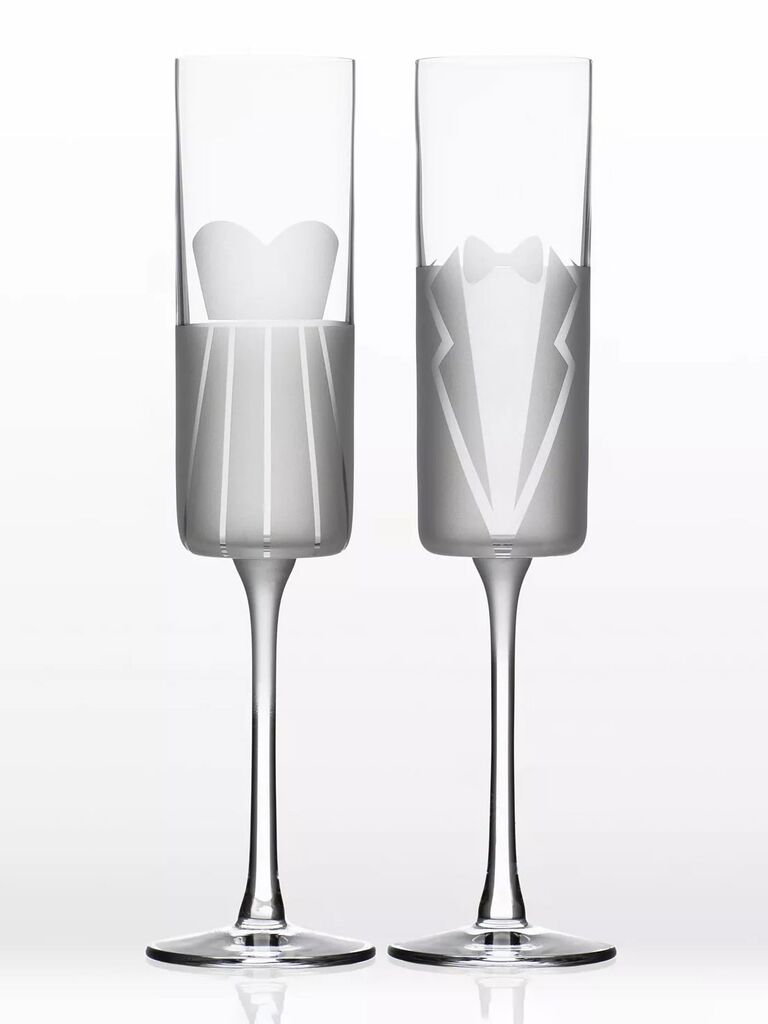 Bride and Groom Champagne Flutes, Wedding Dress Tuxedo Toasting