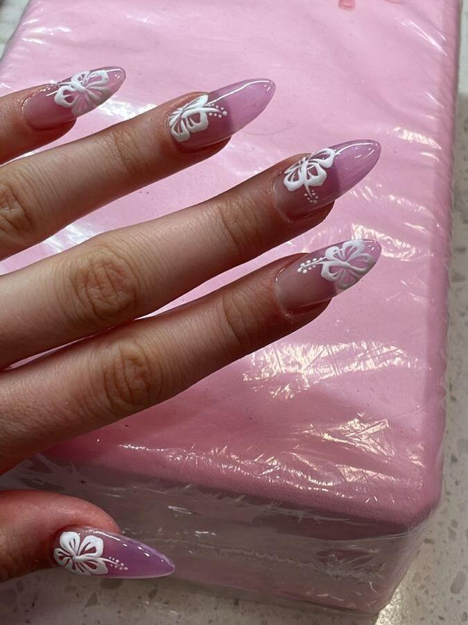 Pink with white hibiscus flowers wedding nails