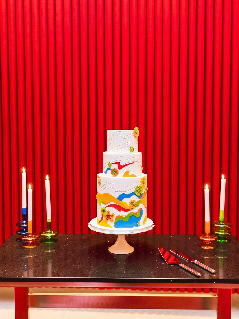 Retro wedding cake in bright primary colors