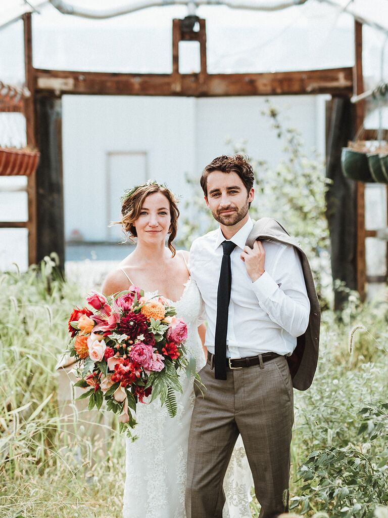 newlyweds in greenhouse