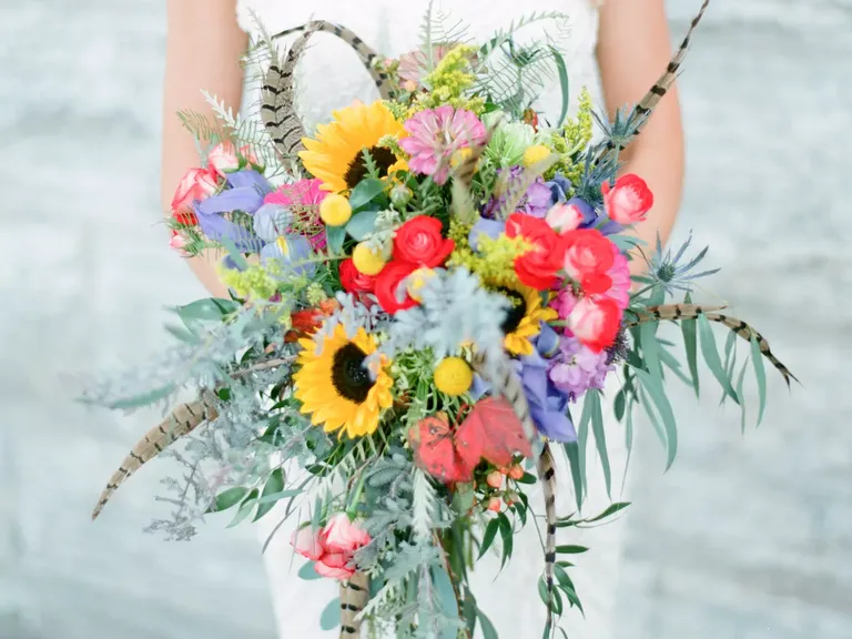 Wildflower Bouquet With Sunflowers and Feathers