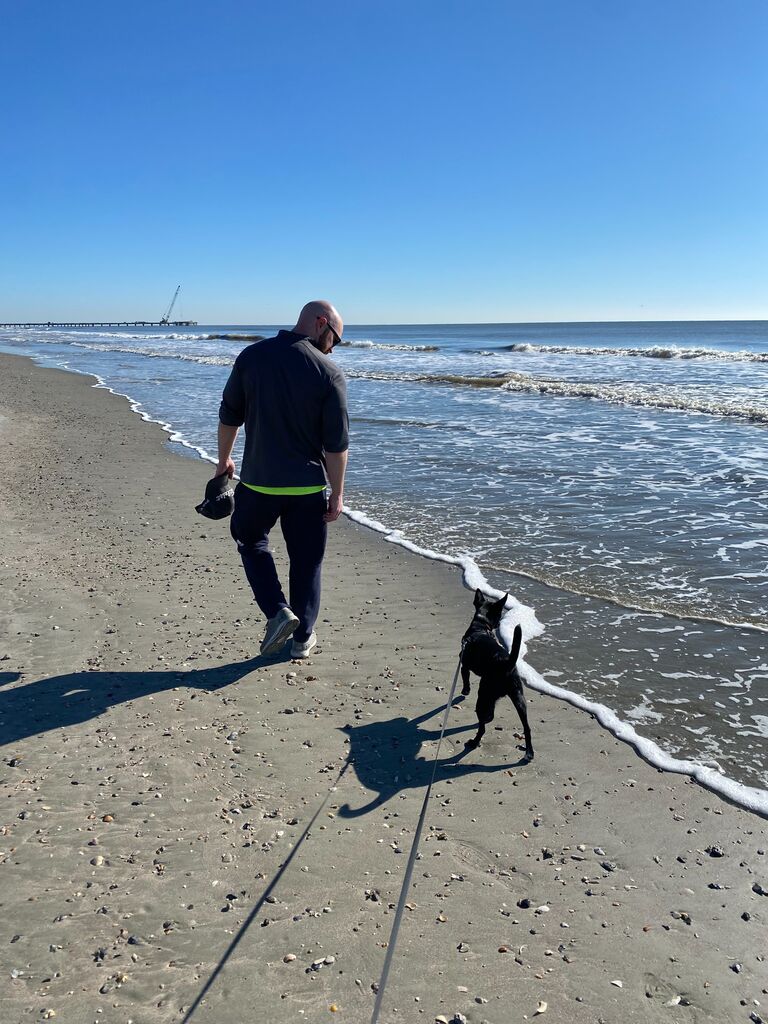 Our first vacation together. Charleston was gorgeous but way to cold. Tux was on cloud nine chasing the birds on the beach... until they flew over the water, then he was out.