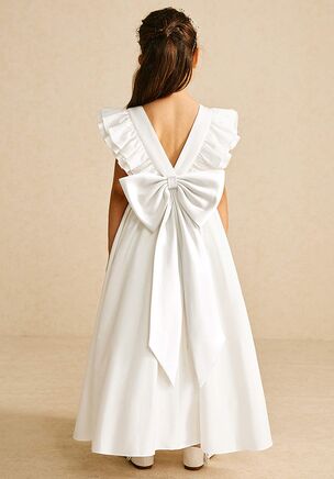Let your flower girl have fun walking down the aisle while tossing petals in our matte satin dress, Aero. She features a scoop neckline, a beautiful V-back, a lovely bow tie belt, a ruched A-line skirt, and adorable flutter sleeves. This dress is not only perfect for a flower girl at a wedding but also versatile enough for other special occasions.