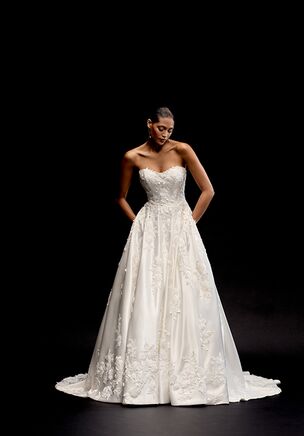 Satin A-Line Gown with Lace Appliqués on the Bodice and Skirt