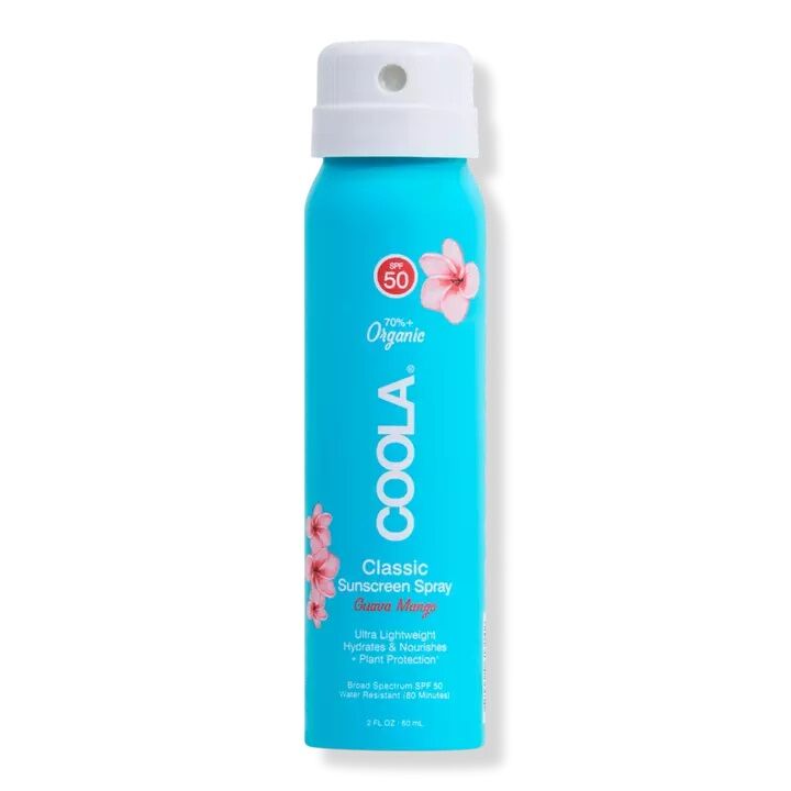 Travel-size sunscreen spray by Coola. 