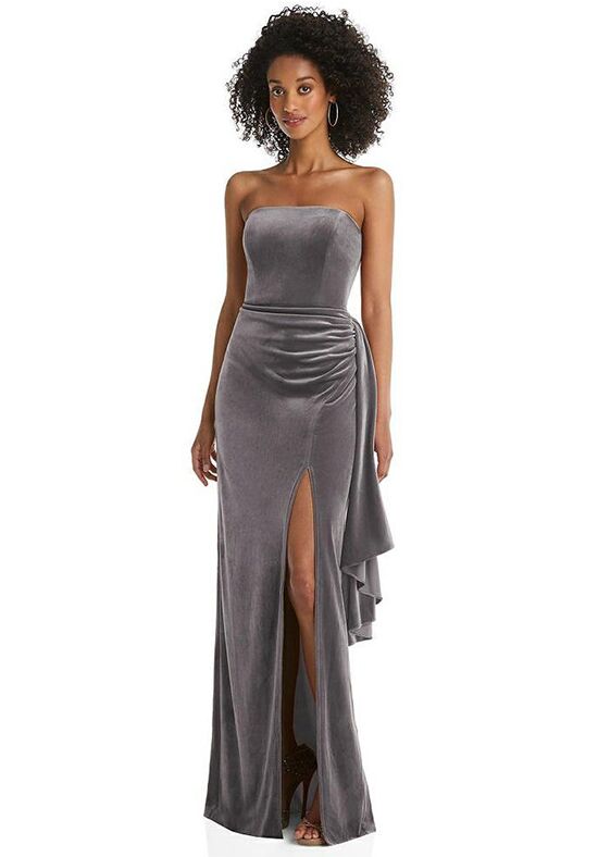 Strapless Velvet Maxi Dress with Draped Cascade Skirt - 6850