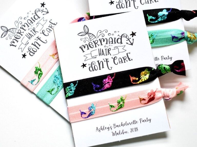 Mermaid party favor hair ties for a mermaid themed bachelorette