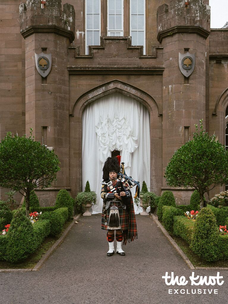 Bagpipe player at Logan Rae Hill's wedding in Scotland