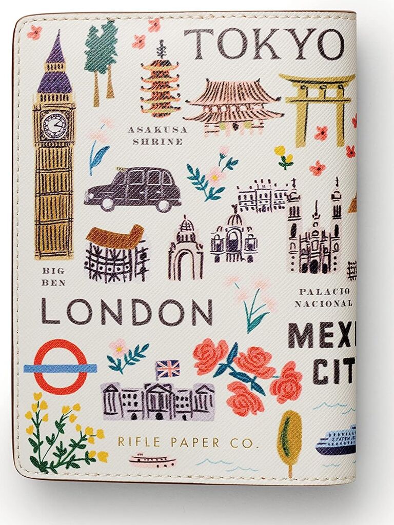 Cute passport cover with colorful images of iconic things from various countries