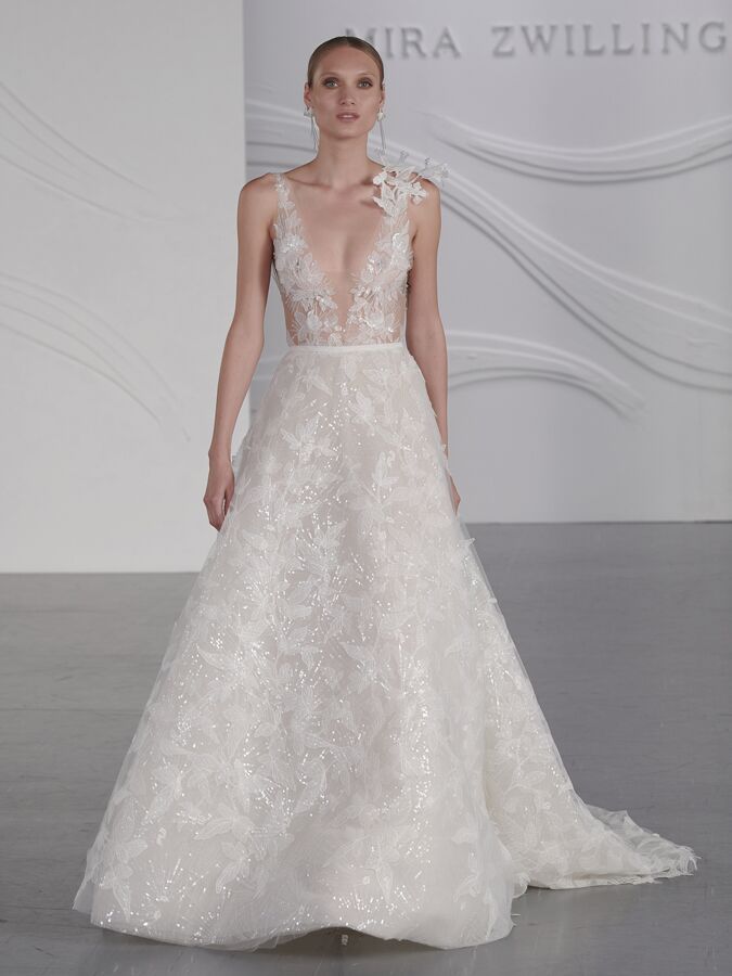 Mira Zwillinger sleeveless lace deep V-neck wedding dress