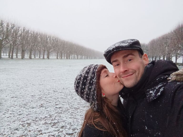 A snowy afternoon stroll in the park beside our home.