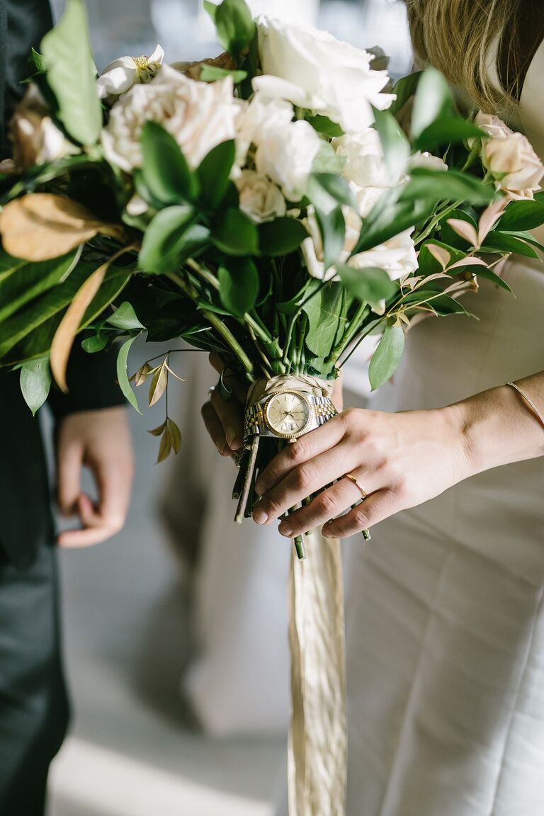 Wedding bouquet wrap with a watch