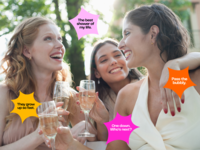 Bride and friends at bridal shower surrounded by Instagram captions