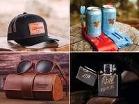 Bachelor party gift ideas: groom baseball cap, beer dart game, lighter, personalized sunglasses and case 