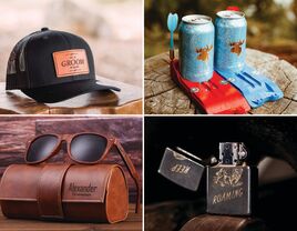 Bachelor party gift ideas: groom baseball cap, beer dart game, lighter, personalized sunglasses and case 