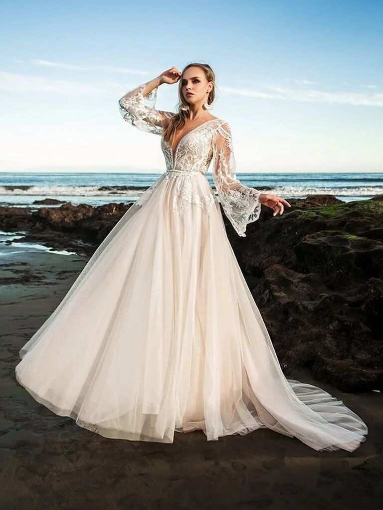 Unique Geometric Lace Bell Sleeve Nude Wedding Dress