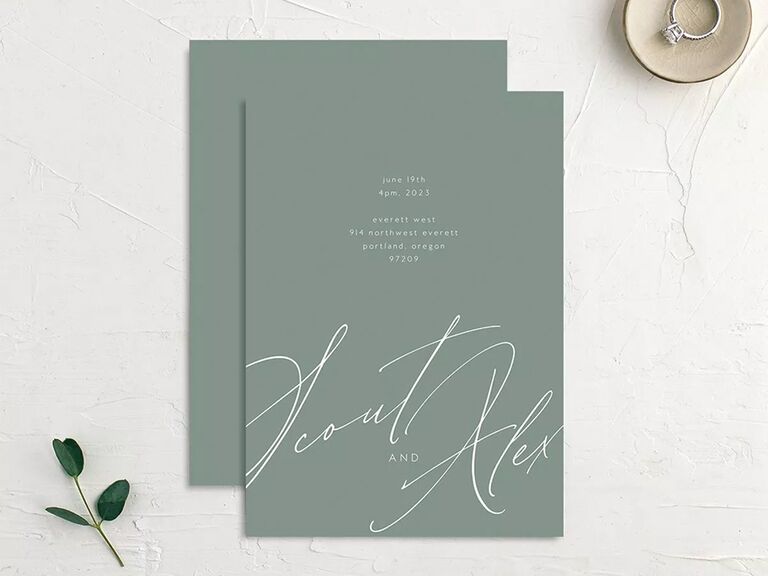 Names in big white script and event details in simple white type on green background