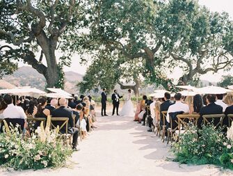 A couple say "I do" at their outdoor vineyard wedding