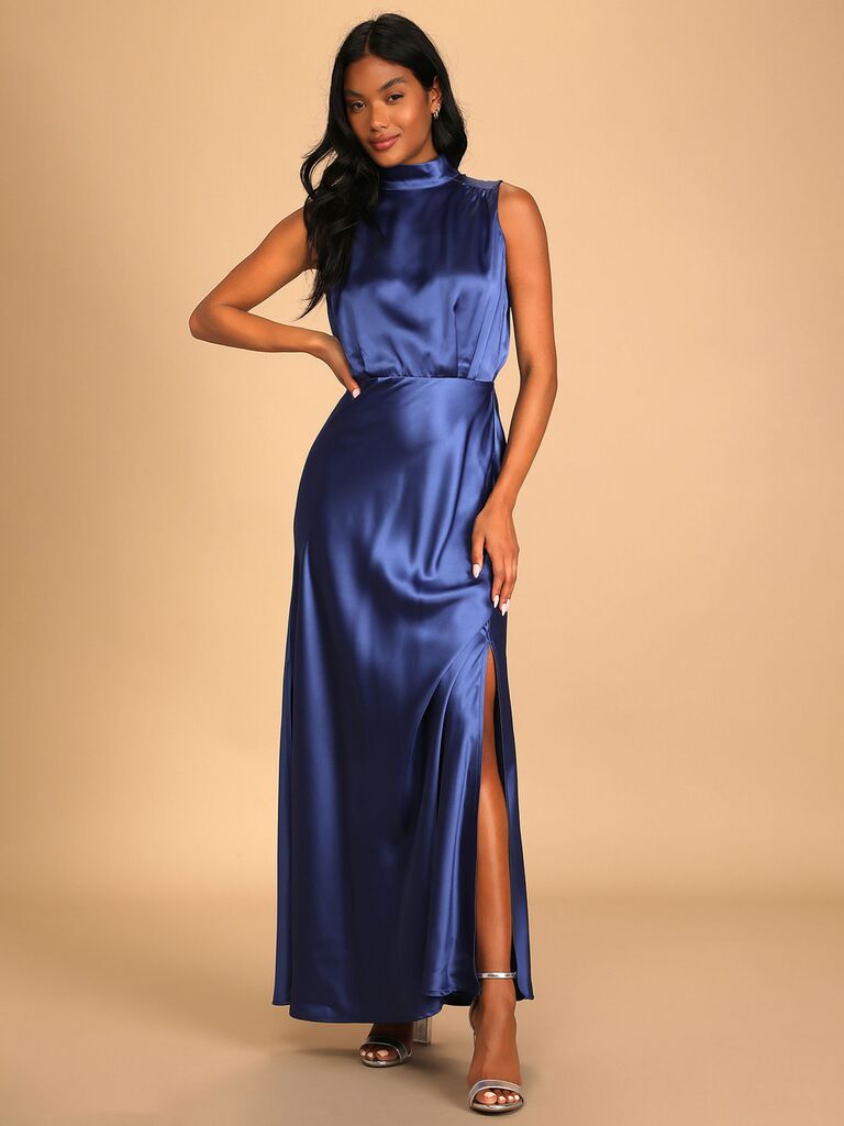 Lulus elegant affordable bridesmaid dress with mock neckline and maxi skirt in dark blue