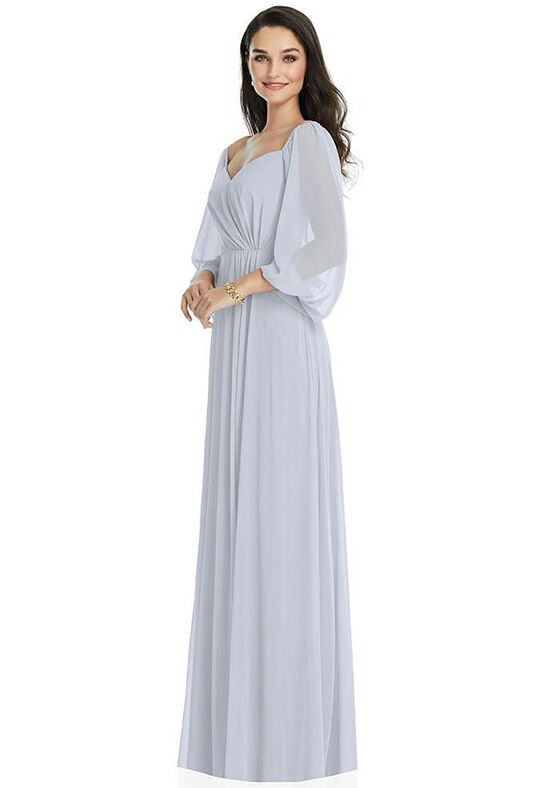 Dessy Group Off-the-Shoulder Puff Sleeve Maxi Dress with Front Slit - 3104 Bridesmaid  Dress