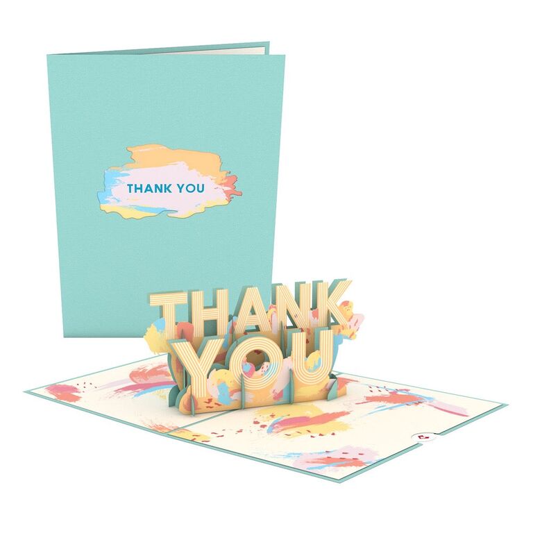 Light blue thank you card with a pop-up phrase thank-you gift