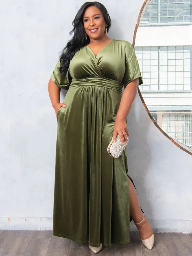 Olive green velvet maxi winter wedding guest dress from Kiyonna