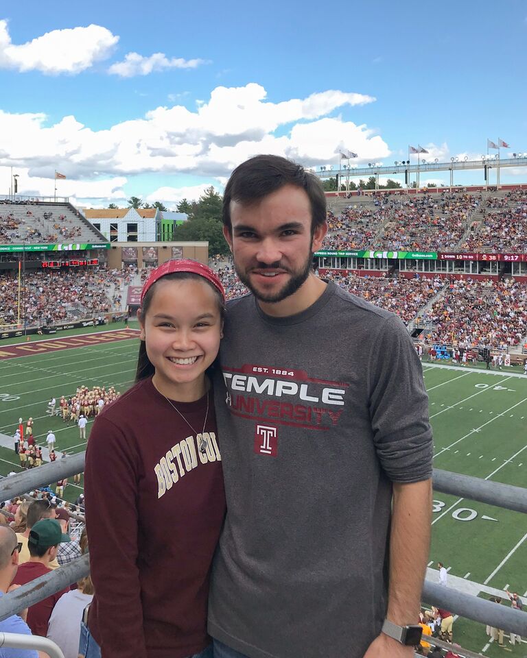 Emily started at BC while Chris was at Temple. He visited for the BC vs. TU Football Game. Although Temple lost, BC won!! 