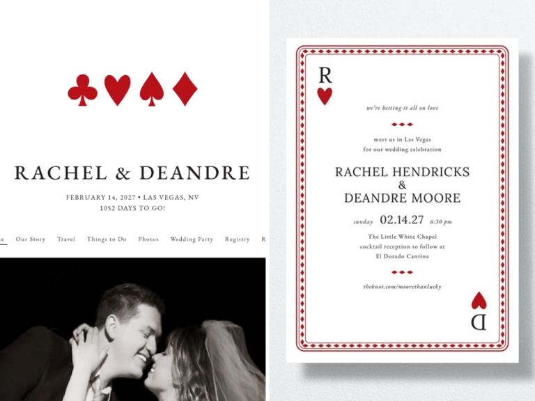 las vegas inspired wedding website and matching invitations with white and red playing card design