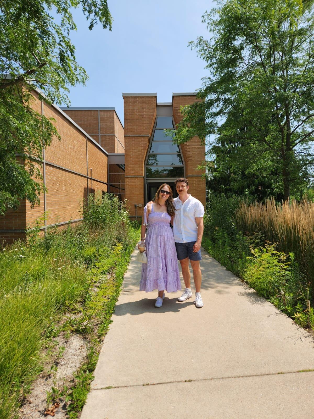 Micah gets to visit Kayla's college campus for the first time (Valparaiso University). They are posing in front of the building that Kayla spent most of her time in for theatre, choir, and classes. 